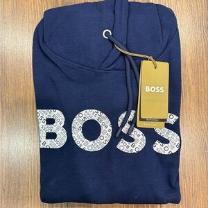 BOSS Navy Blue Hoodie with White Patterned Logo